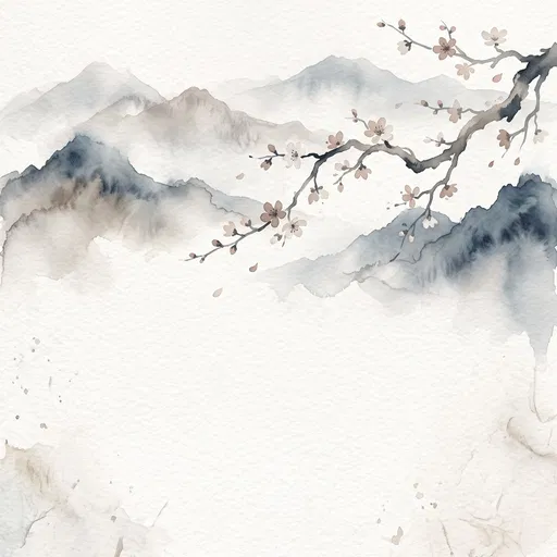 Watercolor Misty Mountains and Cherry Blossoms