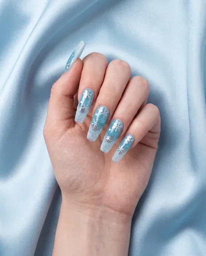 Blue Winter Snowflake Coffin Nail Art