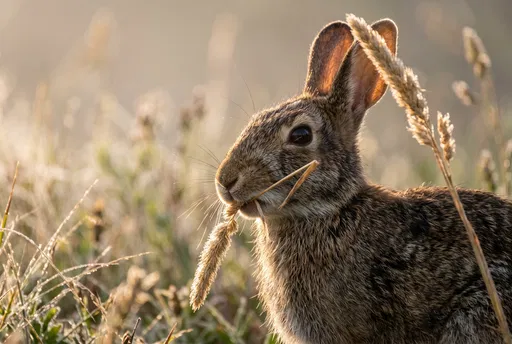 Wild Rabbit Eating Grass at Sunrise