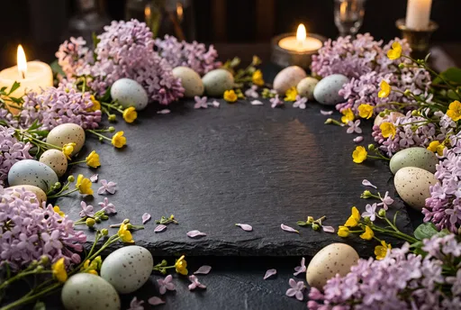 Slate Board With Spring Flowers and Eggs