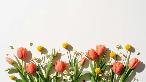 Coral Tulips and Yellow Craspedia Flat Lay