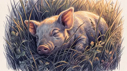 Colored Pencil Illustration of Sleeping Piglet
