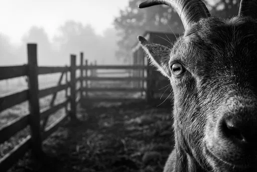 Monochrome Close-Up of Goat at Corral