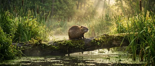 Nutria on Mossy Log in Wetland