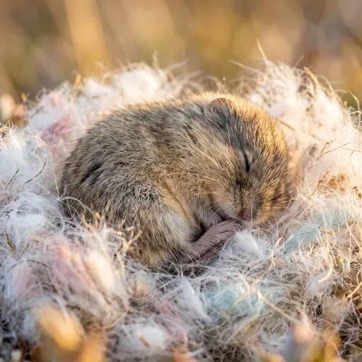 Sleeping Lemming in Fluffy White Nest