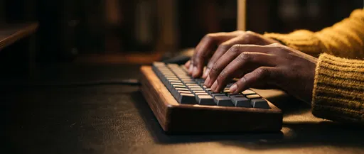 Hands Typing on Walnut Mechanical Keyboard