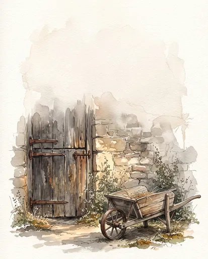 Watercolor Rustic Wheelbarrow and Barn Door