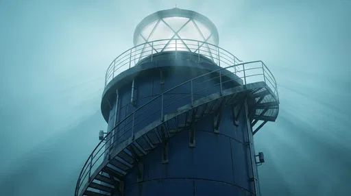 Modern Blue Lighthouse in Fog