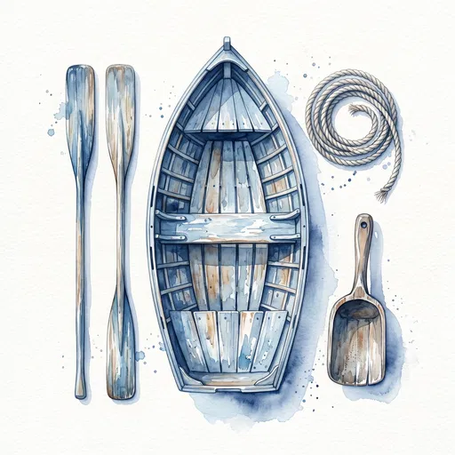 Watercolor Rowboat and Nautical Gear Flat Lay
