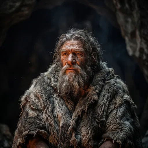 Prehistoric Neanderthal Elder in Dark Cave