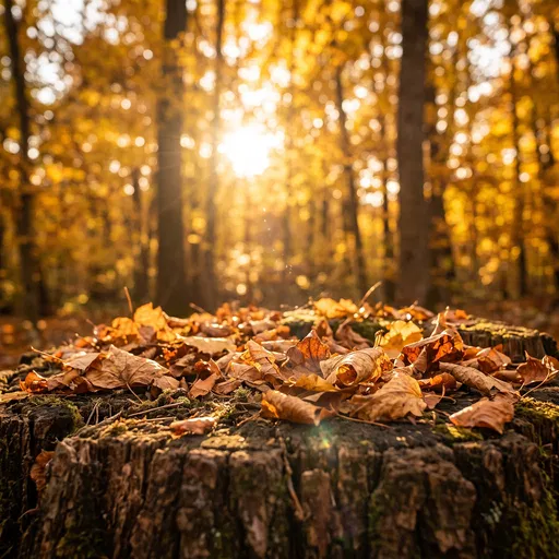 Golden Autumn Leaves on Forest Tree Stump