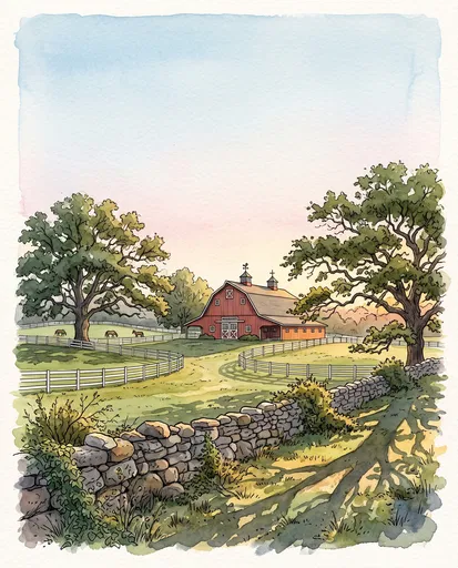 Watercolor Illustration of Red Barn and Pastures