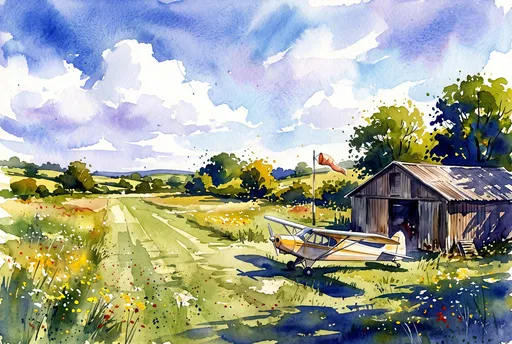 Watercolor Countryside Airstrip with Vintage Airplane