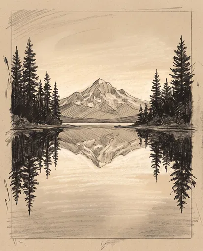 Mountain Lake Reflection Charcoal Sketch