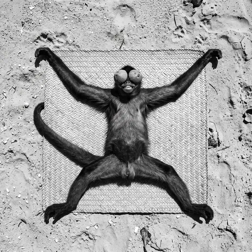 Monochrome Monkey Sunbathing on Beach Mat