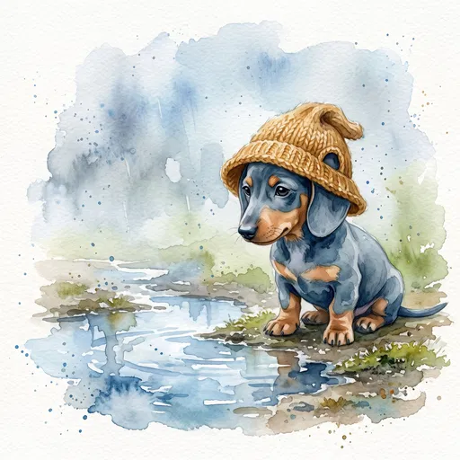Watercolor Dachshund Puppy in Knitted Hat
