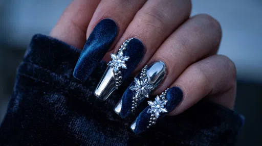 Blue Velvet and Silver Chrome Snowflake Nails