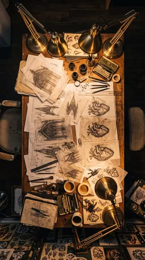 Tattoo Artist Desk With Sketches Overhead