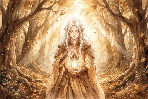 Watercolor Elf Holding Lantern in Forest