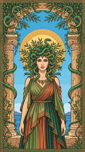 Symmetrical Illustration of Medusa Framed by Columns