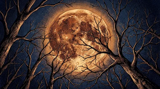 Scratchboard Illustration of Moon Behind Bare Trees