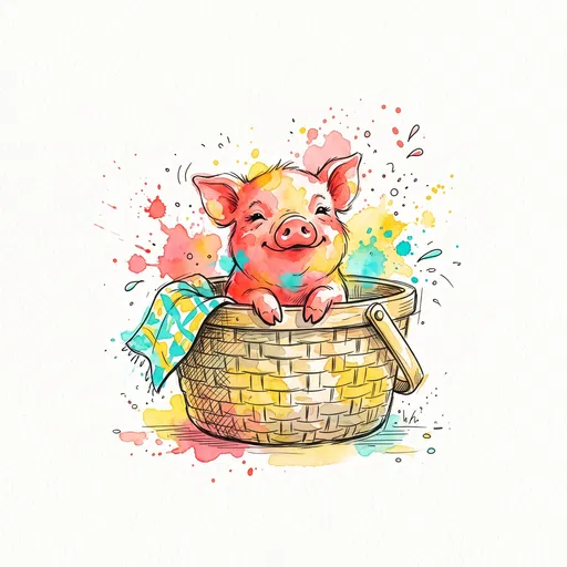 Watercolor Piglet in Woven Basket
