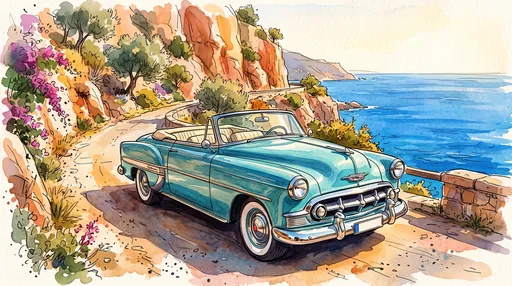 Watercolor Vintage Turquoise Convertible On Coast