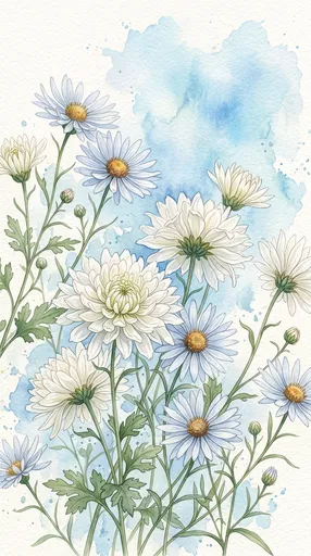 Watercolor White Chrysanthemums and Blue Asters