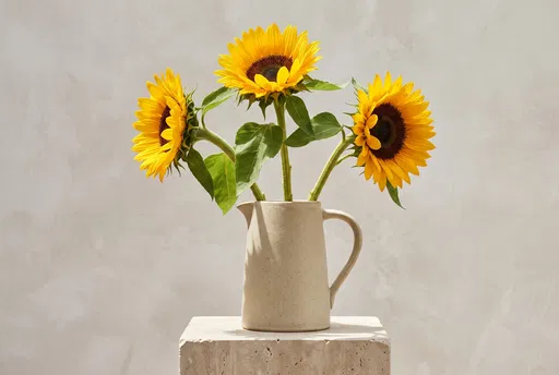 Three Sunflowers in Stoneware Pitcher