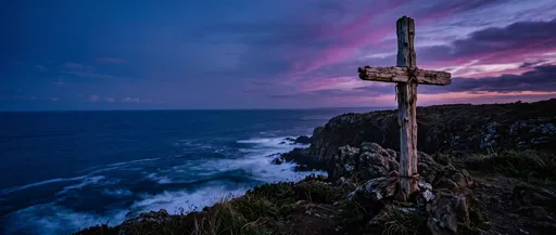 Driftwood Cross on Coastal Cliff at Twilight