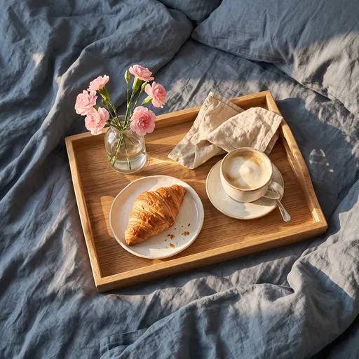Breakfast Tray on Blue Linen Bedding