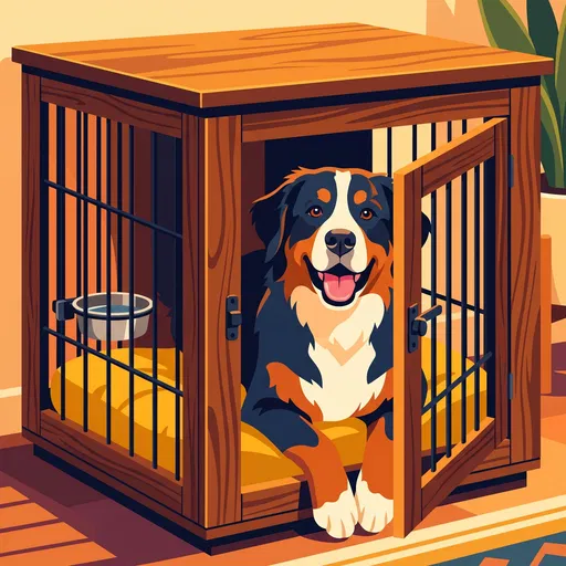 Bernese Mountain Dog in Wooden Crate Illustration