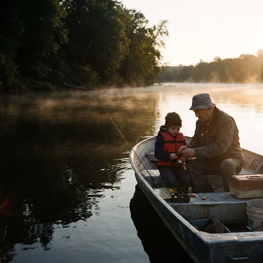 Grandfather and Grandson Fishing at Sunset