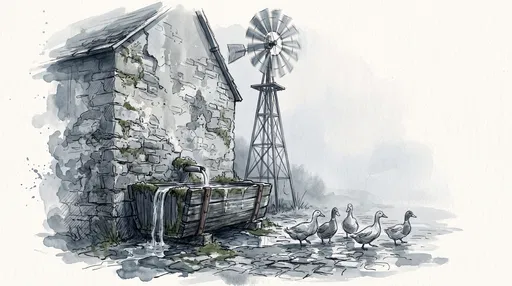 Watercolor Farmhouse With Windmill and Ducks