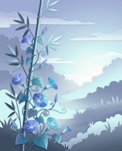 Blue Morning Glories Paper Cut Illustration
