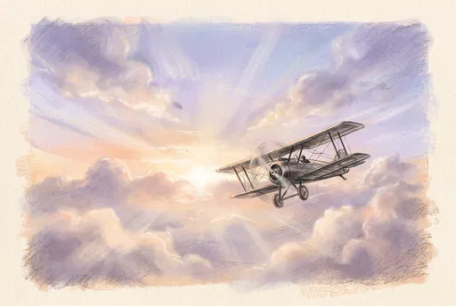 Pastel Drawing of Vintage Biplane at Sunrise