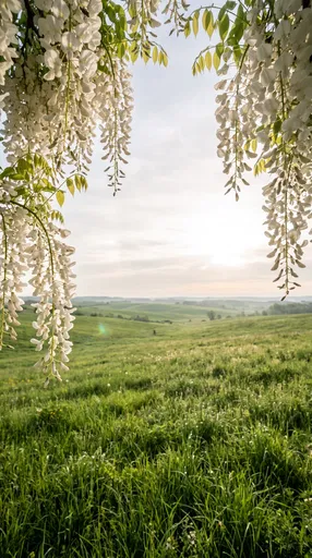 White Wisteria Framing Sunlit Green Meadow