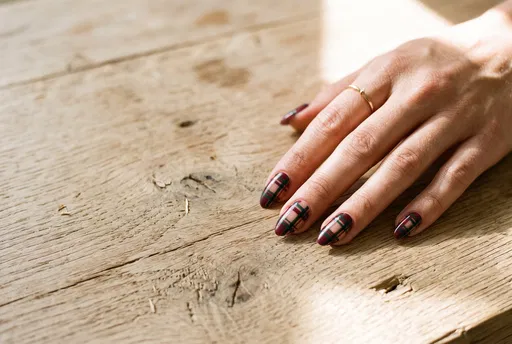 Hand With Autumn Tartan Plaid Nail Art