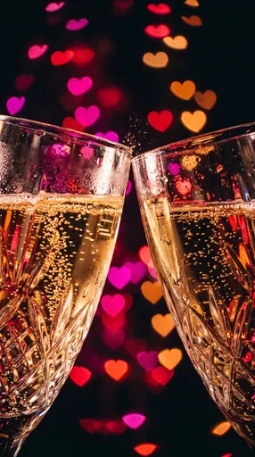 Crystal Champagne Flutes Toasting With Heart Bokeh