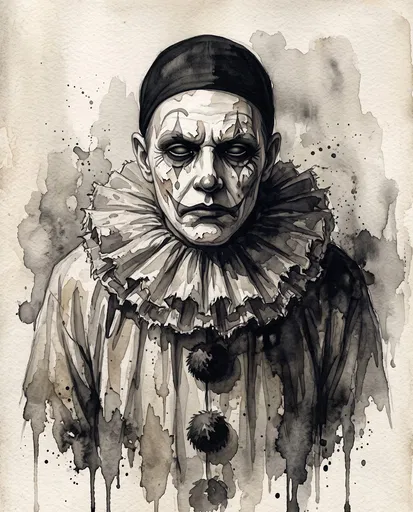 Gothic Watercolor Illustration of Creepy Pierrot Clown