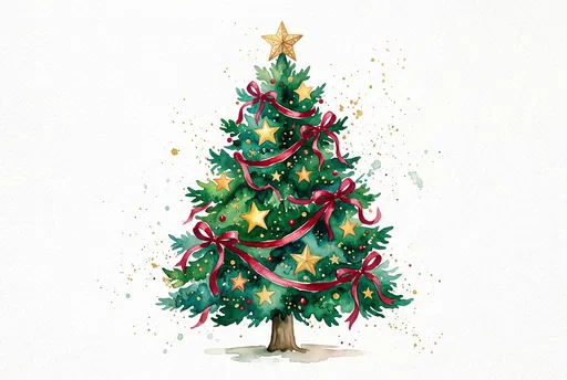 Watercolor Christmas Tree With Gold Stars