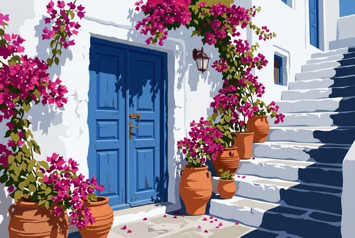 Greek Village Corner with Blue Door