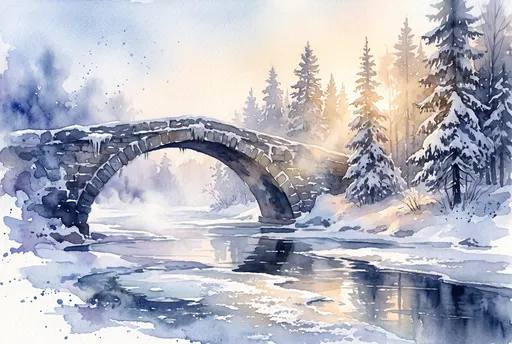Watercolor Winter Stone Bridge at Dawn
