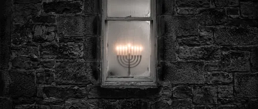 Lit Menorah Behind Frosted Stone Window