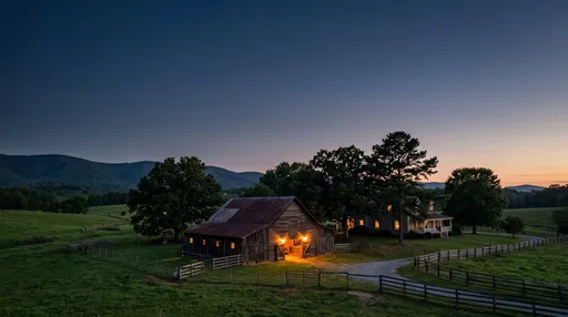 Rural Barn and Farmhouse at Twilight