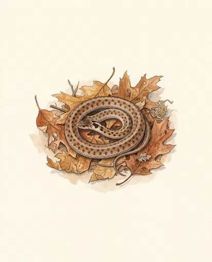 Watercolor Coiled Brown Snake on Autumn Leaves