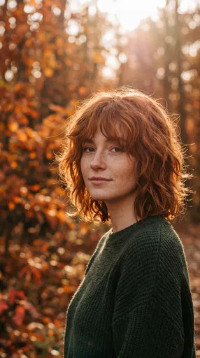 Redhead Woman with Bob in Autumn Forest