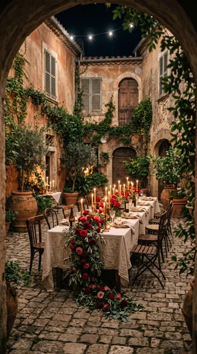 Mediterranean Courtyard Dining Table with Red Roses