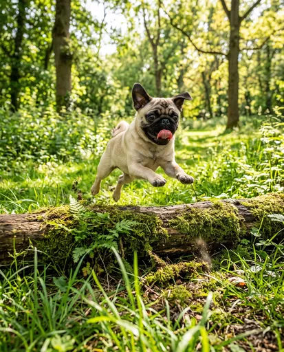 Fawn Pug Leaping Over Mossy Log