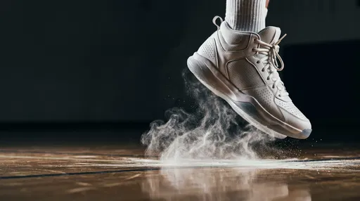 White Basketball Sneaker Jumping Over Hardwood Court